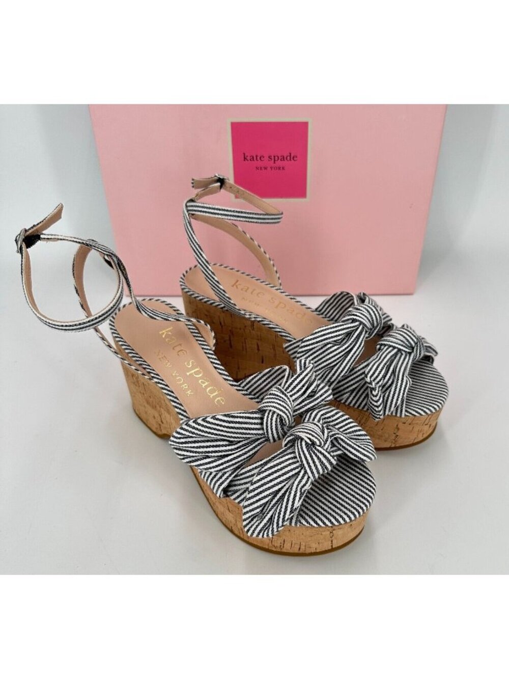 Kate Spade Julep Double Bow Platform Wedge Sandals sz 7.5 Navy Stripe Cork Ankle